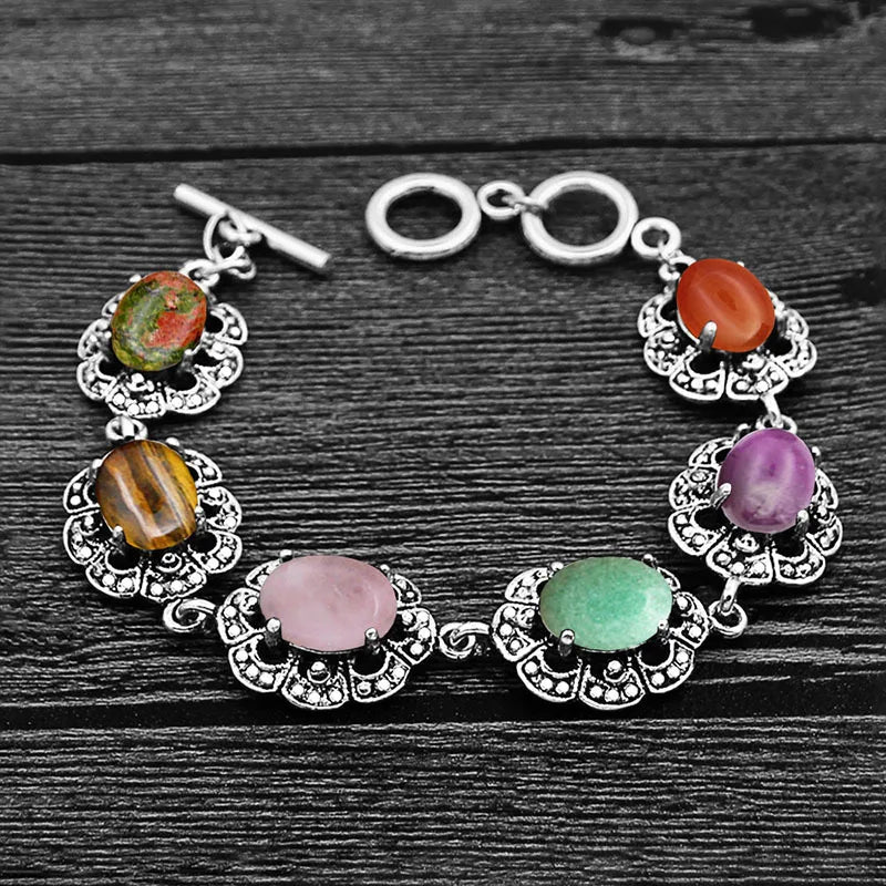 Colorful Natural Stone Flower Bracelet Tibetan Silver Plated 6 Chakra Tiger Eye