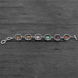 Colorful Natural Stone Flower Bracelet Tibetan Silver Plated 6 Chakra Tiger Eye