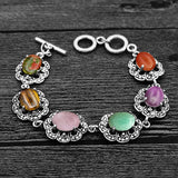 Colorful Natural Stone Flower Bracelet Tibetan Silver Plated 6 Chakra Tiger Eye