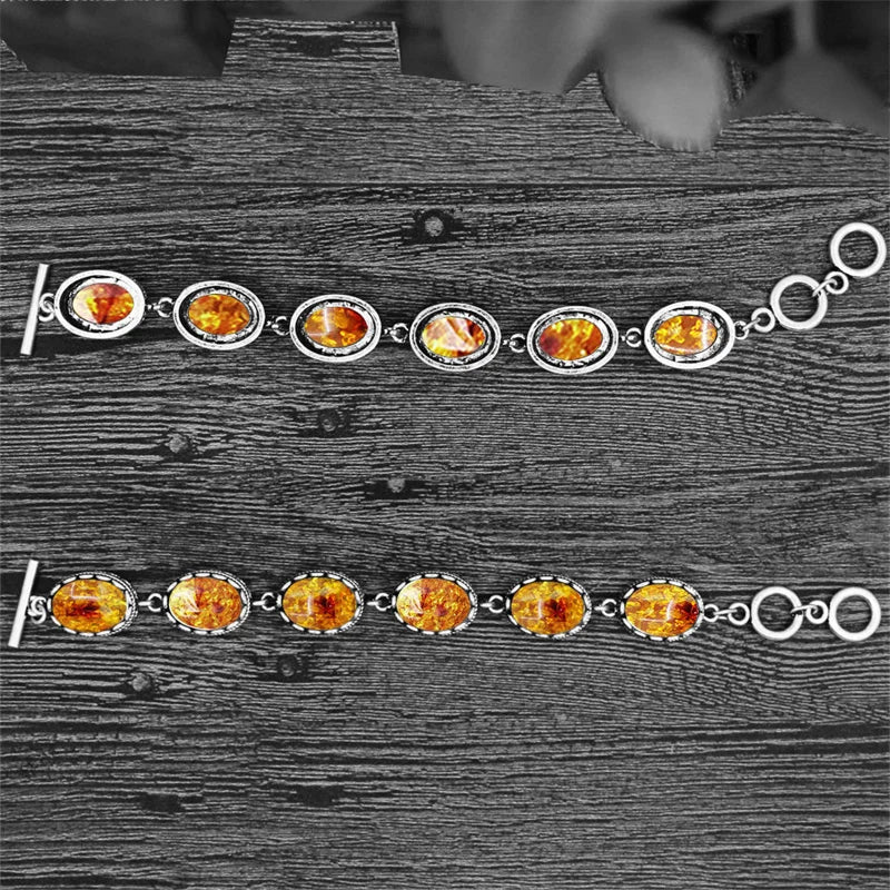 Vintage Oval Flower Amber Strand Bracelet Antique Silver Plated Jewelry