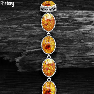 Vintage Oval Flower Amber Strand Bracelet Antique Silver Plated Jewelry