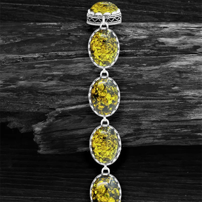 Vintage Oval Flower Amber Strand Bracelet Antique Silver Plated Jewelry