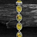 Vintage Oval Flower Amber Strand Bracelet Antique Silver Plated Jewelry
