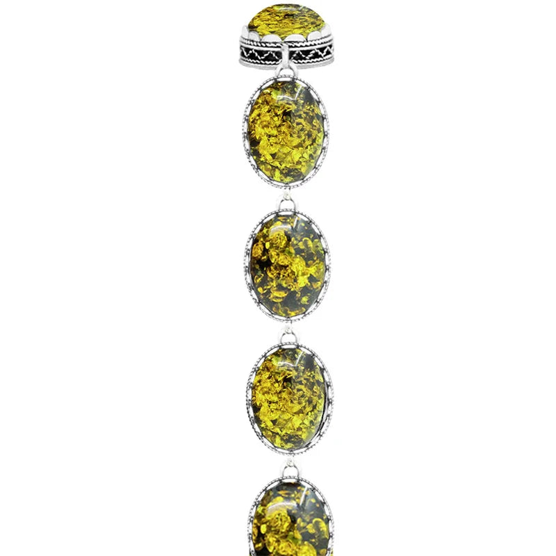 Vintage Oval Flower Amber Strand Bracelet Antique Silver Plated Jewelry