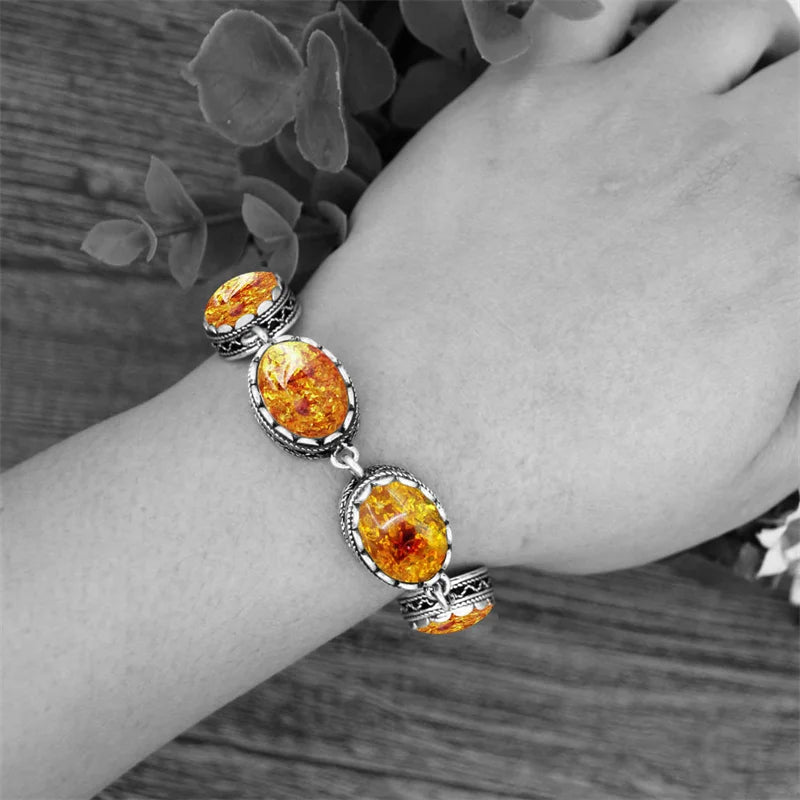 Vintage Oval Flower Amber Strand Bracelet Antique Silver Plated Jewelry