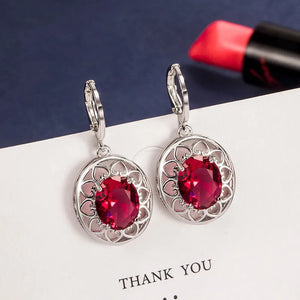 Emerald Crystal Drop Hoop Earrings 925 Silver Hollow Heart Green Red