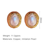 Oval Hammered Metal Pearl Earrings Copper Post Studs Classic Jewelry