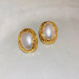 Oval Hammered Metal Pearl Earrings Copper Post Studs Classic Jewelry