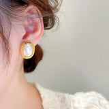 Oval Hammered Metal Pearl Earrings Copper Post Studs Classic Jewelry
