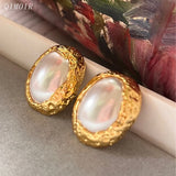 Oval Hammered Metal Pearl Earrings Copper Post Studs Classic Jewelry