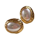 Oval Hammered Metal Pearl Earrings Copper Post Studs Classic Jewelry
