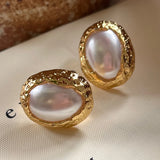 Oval Hammered Metal Pearl Earrings Copper Post Studs Classic Jewelry