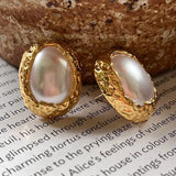 Oval Hammered Metal Pearl Earrings Copper Post Studs Classic Jewelry