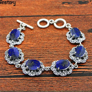 Lapis Lazuli Stone Bracelet Plum Flower Vintage Antique Silver Jewelry