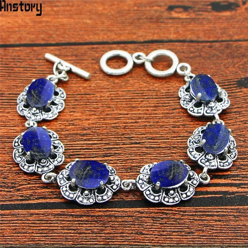 Lapis Lazuli Stone Bracelet Plum Flower Vintage Antique Silver Jewelry