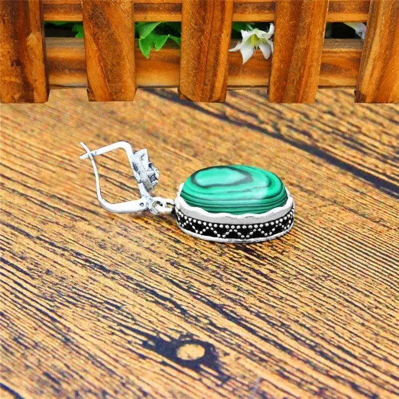 Vintage Malachite Necklace Earrings Set, Stainless Steel Chain Gift