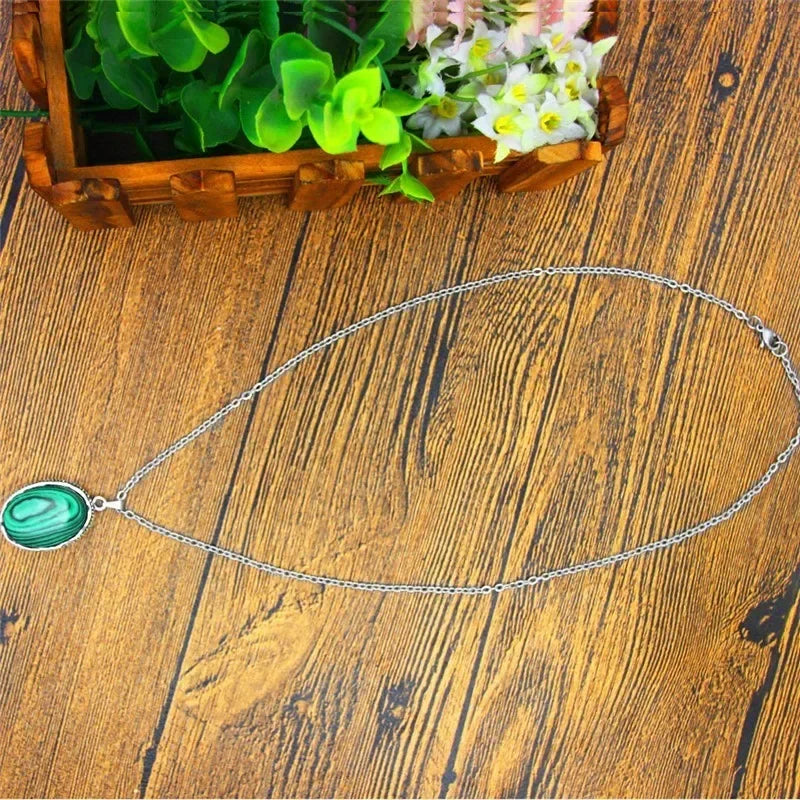 Vintage Malachite Necklace Earrings Set, Stainless Steel Chain Gift
