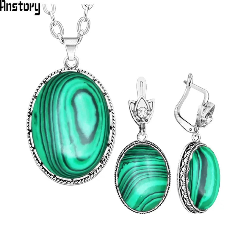 Vintage Malachite Necklace Earrings Set, Stainless Steel Chain Gift