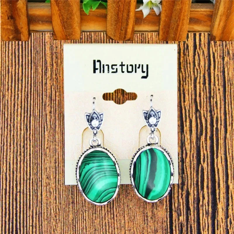 Vintage Malachite Necklace Earrings Set, Stainless Steel Chain Gift