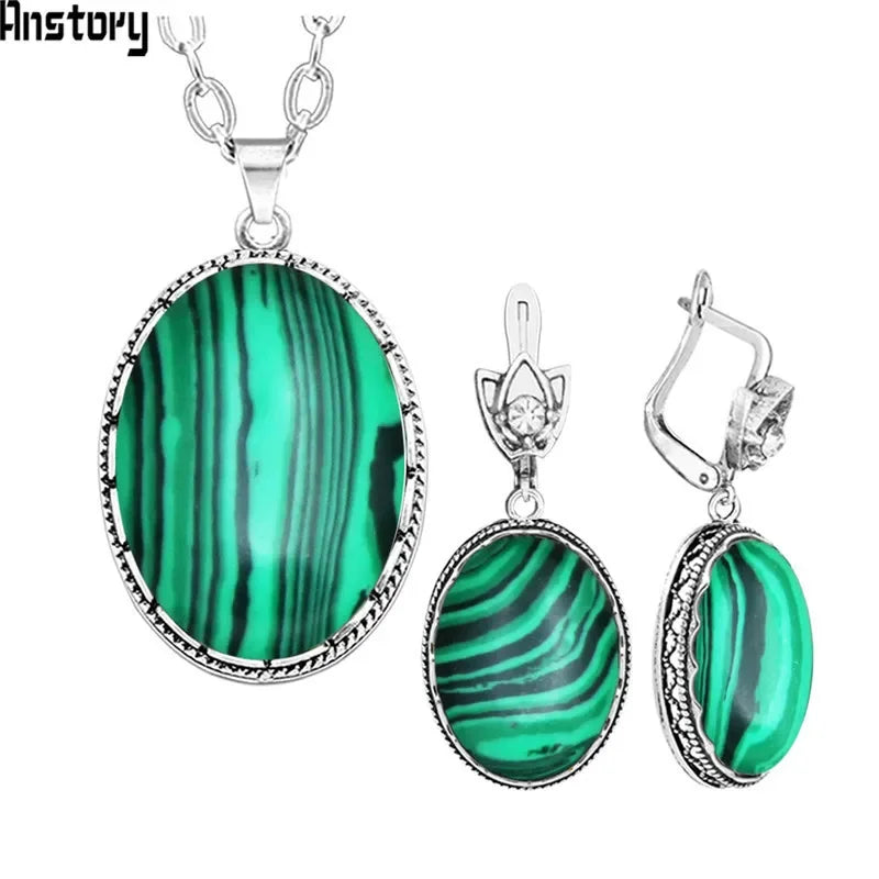 Vintage Malachite Necklace Earrings Set, Stainless Steel Chain Gift