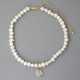 Moonstone Pendant Pearl Bead Necklace Freshwater Choker