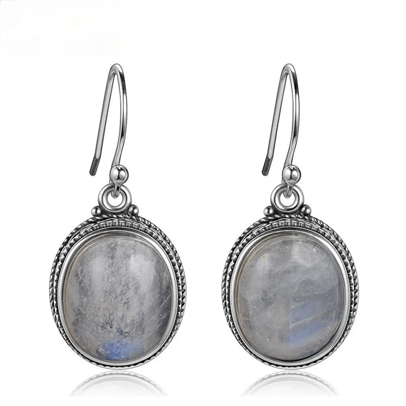 Moonstone Drop Earrings 925 Sterling Silver Vintage Ear Jewelry