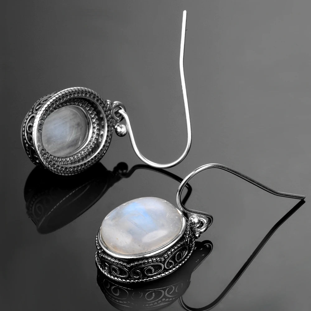 Moonstone Drop Earrings 925 Sterling Silver Vintage Ear Jewelry