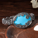 Red Stone 925 Silver Bracelet Crystal Flower Vintage Thai Bangles