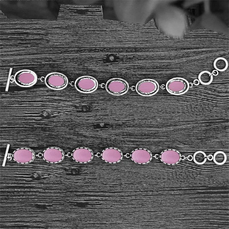 Pink Opal Strand Bracelet Flower Bead Antique Silver Plated Jewelry