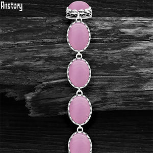 Pink Opal Strand Bracelet Flower Bead Antique Silver Plated Jewelry