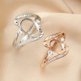 Art Deco Bypass Ring Setting 925 Silver Rose Plated Adjustable Band