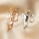 925 Silver Rose Plated Oval Prong Ring Blank Settings Flower Leaf Bezel
