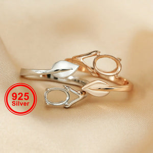 925 Silver Rose Plated Oval Prong Ring Blank Settings Flower Leaf Bezel