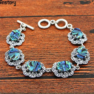 Oval Shell Bead Bracelet Antique Silver Plated Jewelry TB366