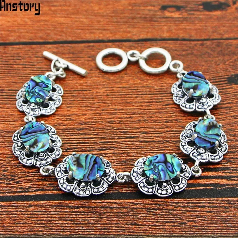 Oval Shell Bead Bracelet Antique Silver Plated Jewelry TB366