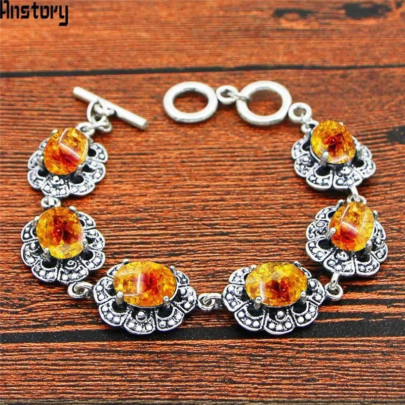 Vintage Look Amber Bracelet Antique Silver Plated Jewelry