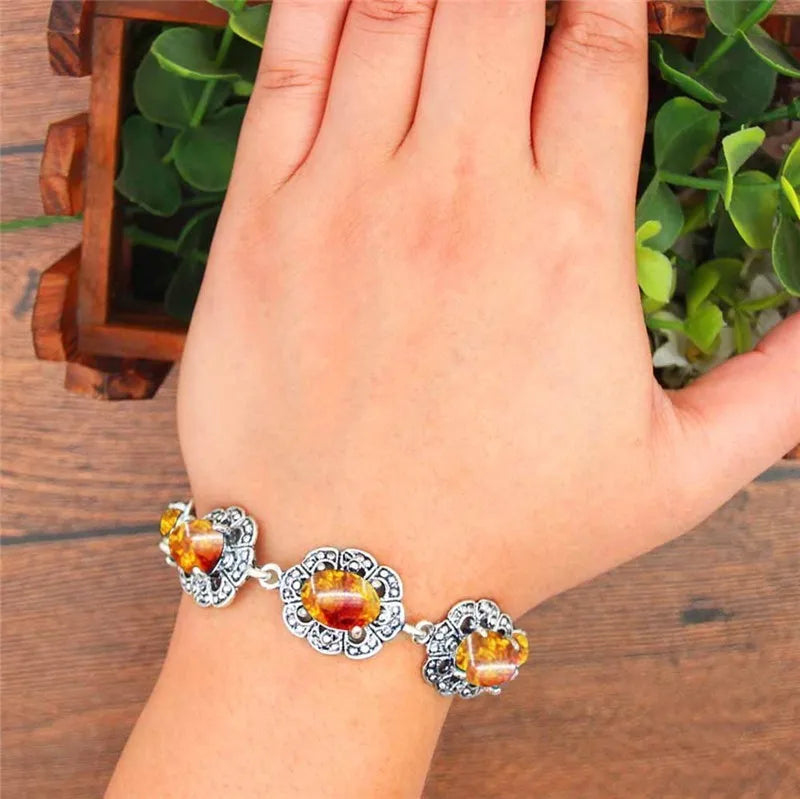 Vintage Look Amber Bracelet Antique Silver Plated Jewelry