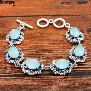 Vintage Opal Flower Bracelet Antique Silver Plated Jewelry