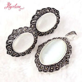 Oval Cat Eye Stone Marcasite Tibetan Silver Necklace Pendant Earrring