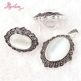 Oval Cat Eye Stone Marcasite Tibetan Silver Necklace Pendant Earrring