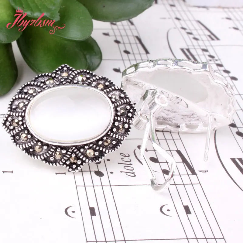 Oval Cat Eye Stone Marcasite Tibetan Silver Necklace Pendant Earrring