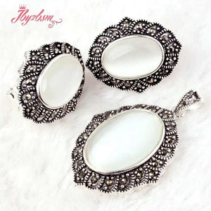 Oval Cat Eye Stone Marcasite Tibetan Silver Necklace Pendant Earrring