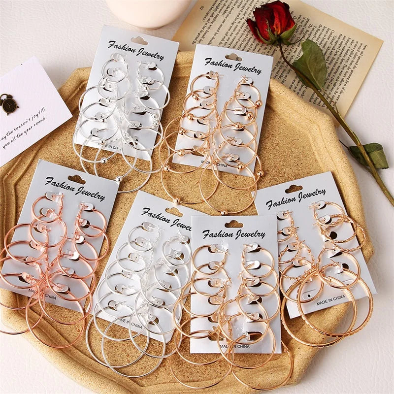 Big Circle Hoop Earrings Set Vintage Steampunk Ear Clip Wedding Party Jewelry