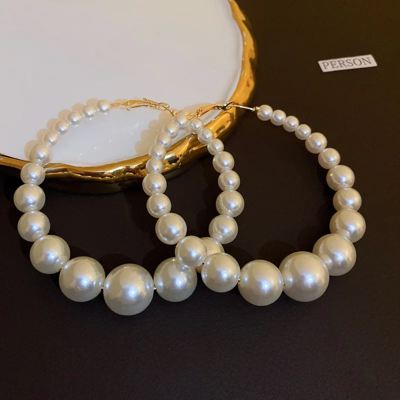 Imitative Pearl Bead Hoop Earrings Geometric Wedding Bride Jewelry