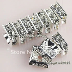 10x10mm Square Rhinestone Spacer Beads, Silver Plated, 100pcs/lot