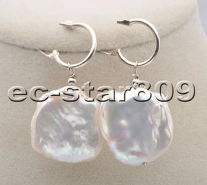 25mm Baroque Coin Keshi Pearl Dangle Earrings 925 Silver