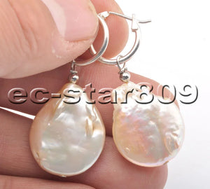25mm Pink Baroque Coin Keshi Pearl Dangle Earring