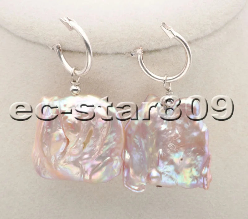 25mm Lavender Baroque Coin Keshi Pearl Dangle Earrings 925silver