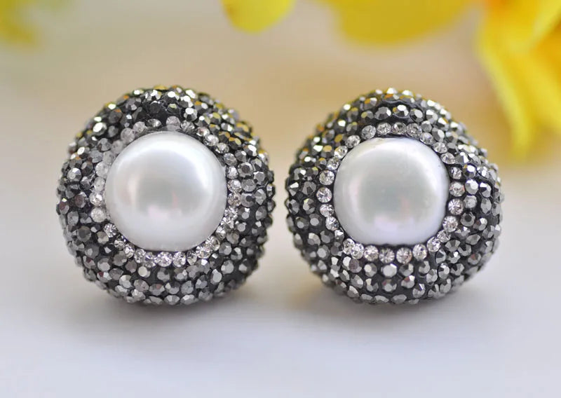 22mm Round Freshwater Pearl Crystal Stud Earring