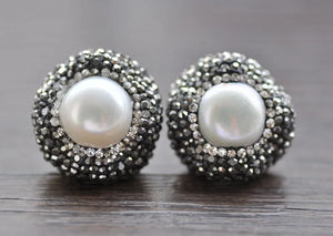 22mm Round Freshwater Pearl Crystal Stud Earring